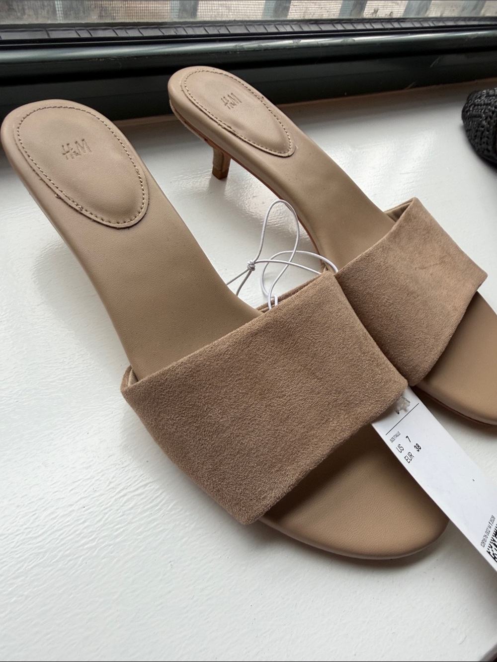 H&M Beige Suede Strap Block-Heel Mules